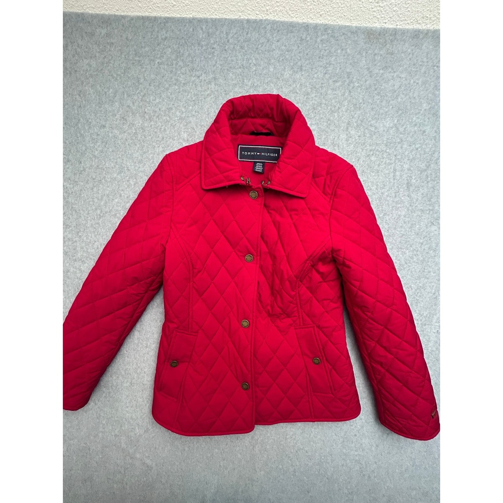 Tommy Hilfiger Red Quilted Jacket Diamond Stitch Stand Collar Women Small